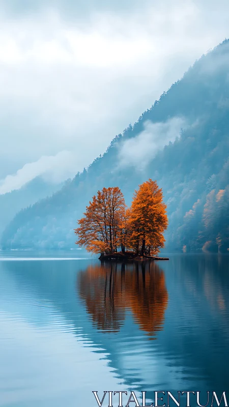 Solitary autumn island reflects in misty alpine lake
