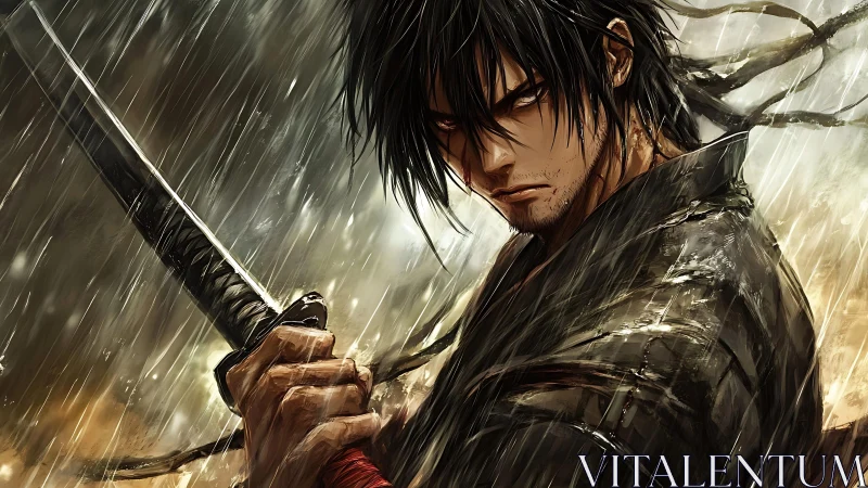 Brooding samurai warrior gripping katana in stormy rain.