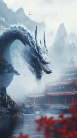 Majestic ice dragon guards misty temple in crimson valley.