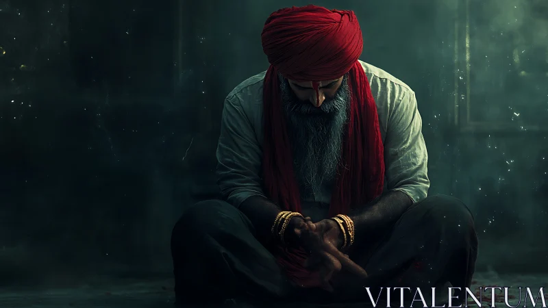 Solitary man in red turban sits in moody cinematic light.