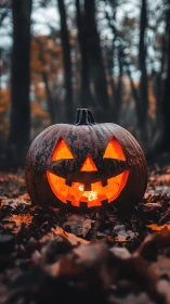 Low-angle jack-o’-lantern glows in shallow-depth autumn forest