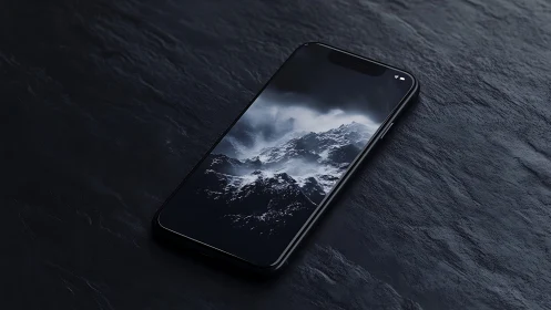 Midnight smartphone cradling a storm-lit mountain realm.