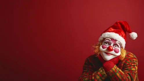 Whimsical Christmas clown in Santa hat on red backdrop.