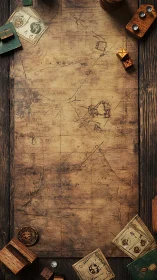 Weathered treasure map with scattered dice and tokens