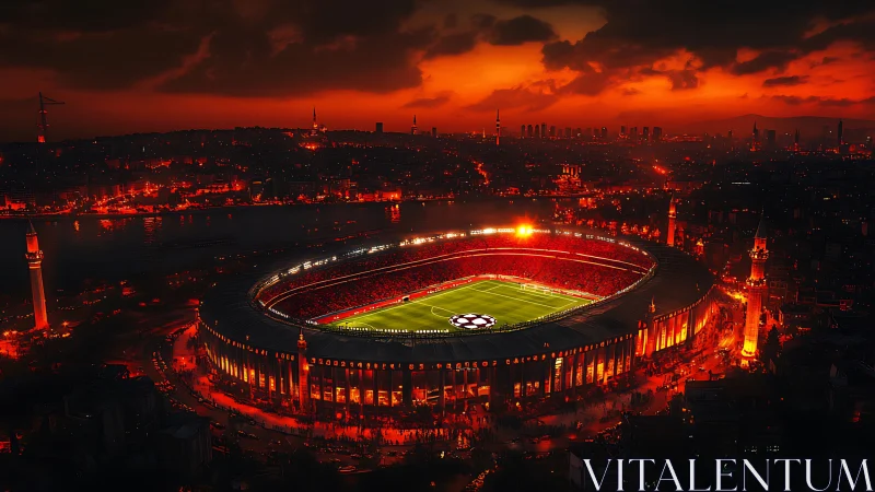 Glowing football stadium under a fiery sunset sky.