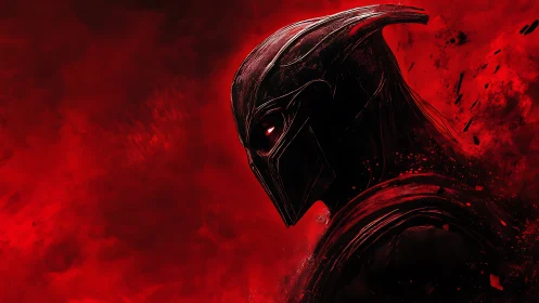 Profile of armored figure in red abstract digital haze.