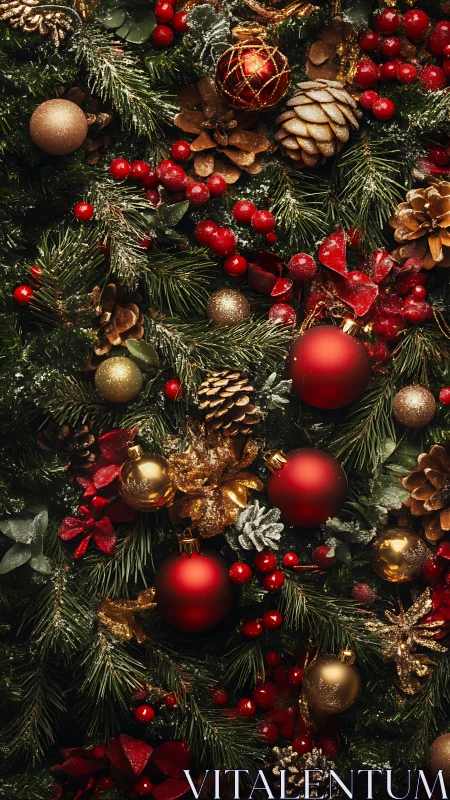 Dense arrangement of red and gold Christmas ornaments.