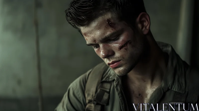 Battle-worn soldier bows his head in haunted silence.