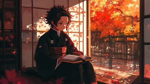 Young reader studies quietly beside glowing autumn shoji window
