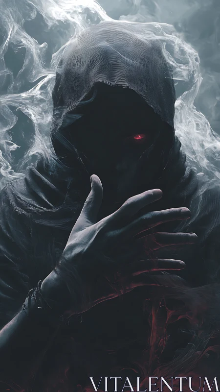Hooded shadowed figure with red eye in swirling smoke.