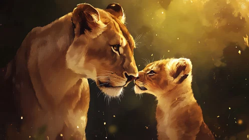 Lioness and Cub Interaction in Golden Light