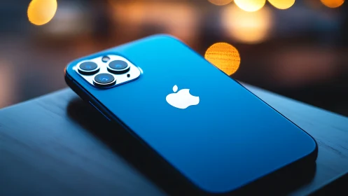 iPhone 12 Pro Blue against glowing bokeh bokeh background.