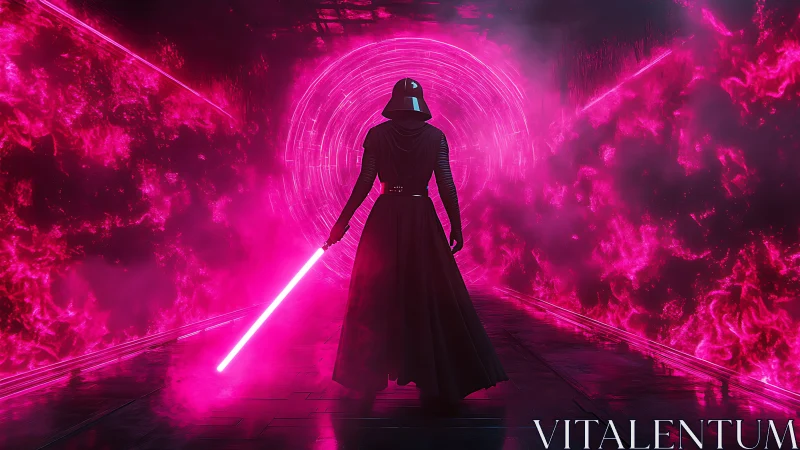 Dark armored figure faces neon vortex in glowing corridor