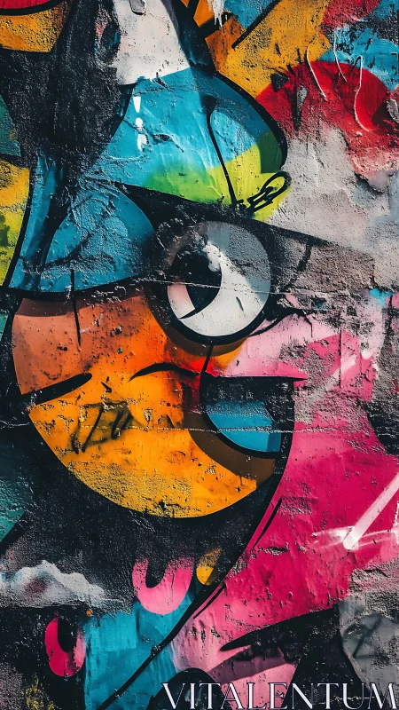 Abstract street mural with fractured chromatic character form.