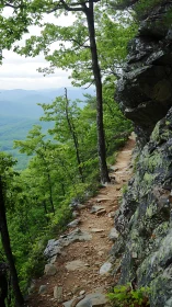 Narrow mountain trail winds along a rugged, misty forest cliff