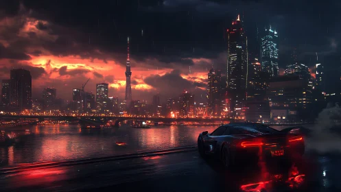 Neon storm skyline and lone supercar above burning river.