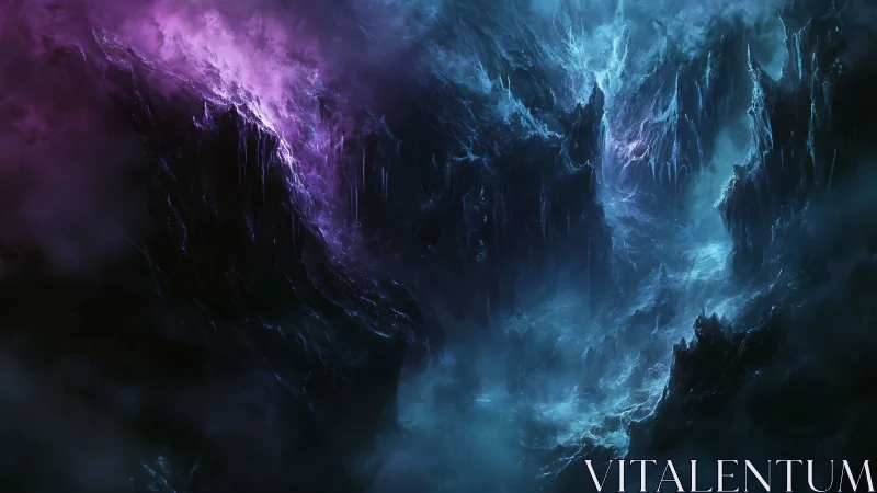 Digital landscape shows luminous rift between dark cliffs