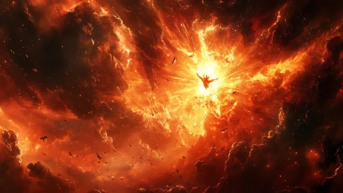Celestial firestorm engulfs a falling angelic figure in space.