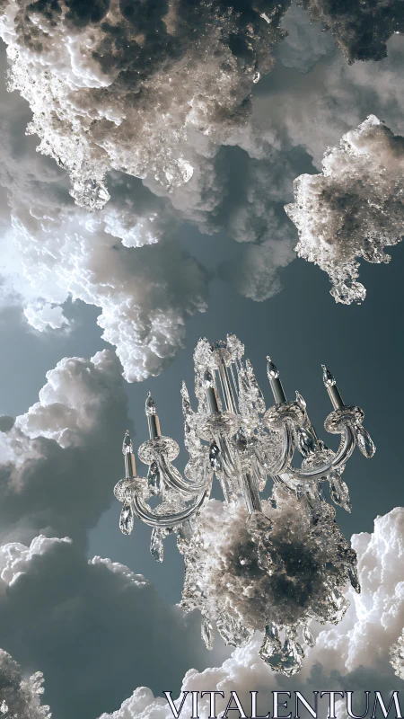 Surreal crystal chandelier suspended in volumetric cloudscape.