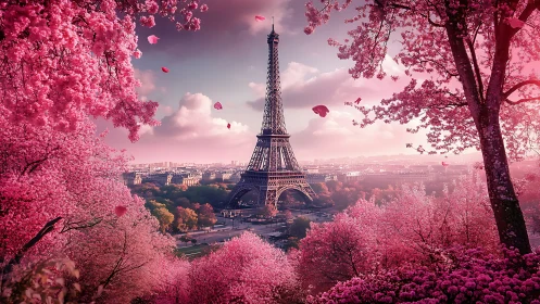 Eiffel Tower framed by vivid pink blossom canopy at dusk