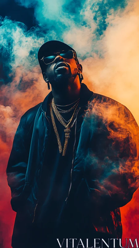 Neon-lit urban portrait in teal and orange smoke haze.