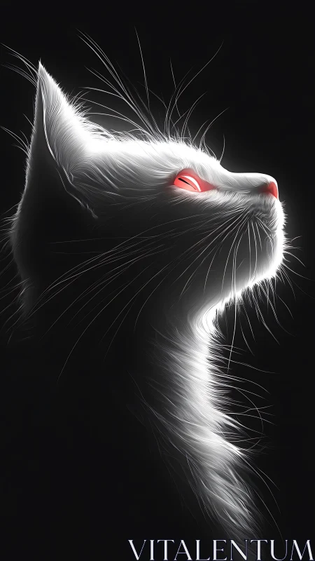 White Cat Profile with Glowing Red Eyes Against Dark Background