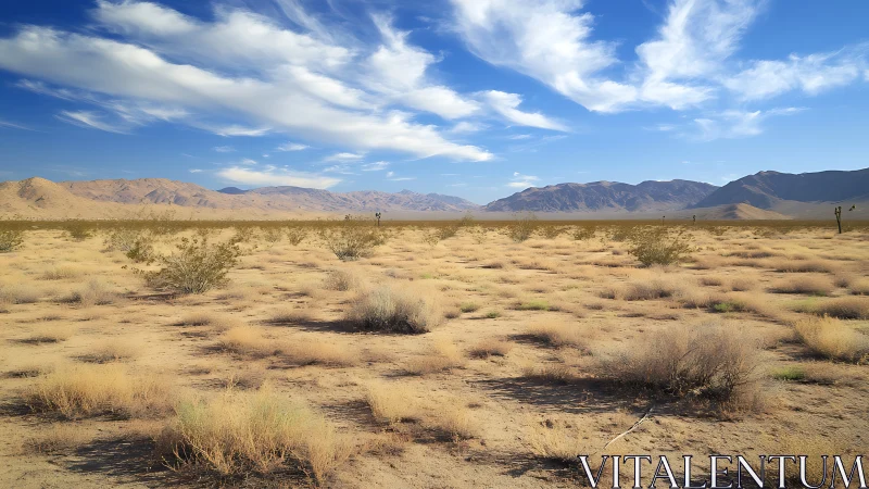 Arid desert plain with sparse shrubs and distant mountains.