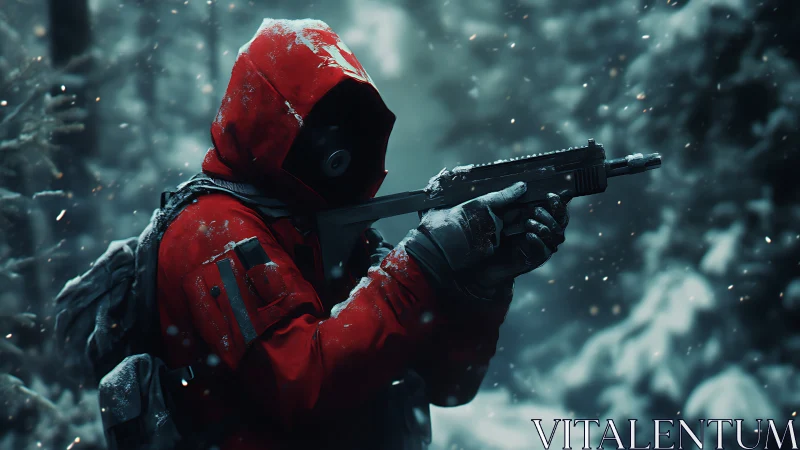 Hooded armed figure in red jacket within snowy forest environment.