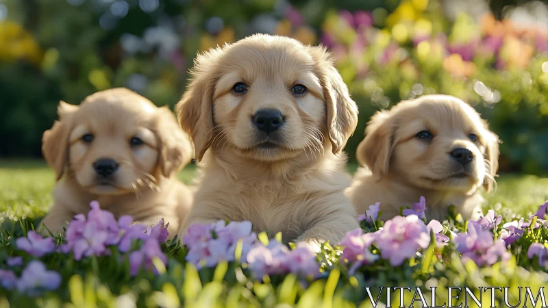 Golden puppies lounging among spring garden blooms.