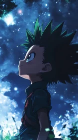 Anime night sky portrait with upward gaze composition.