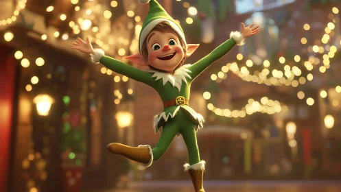 Joyful Christmas elf jumping amid warm festive bokeh lights.