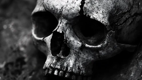 Degraded human skull macro with high-contrast erosion patterns visible