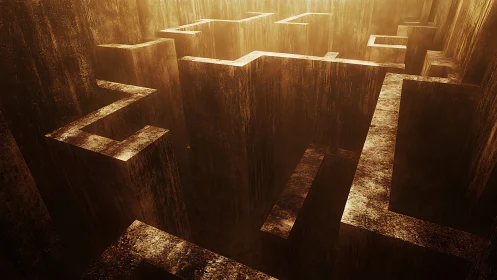 Sunlit stone labyrinth rises like rusted thought corridors