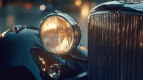 Golden glow on a lovingly kept vintage car front grille.