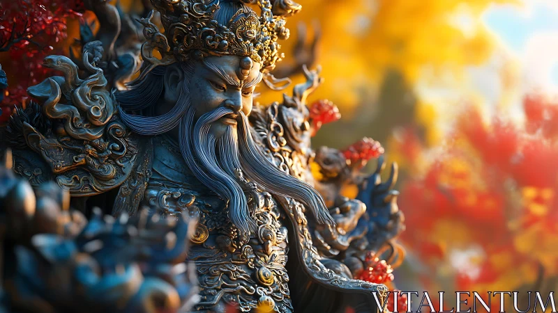 Ornate war god statue stands amid glowing autumn foliage