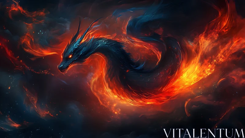 Fire-wreathed cosmic dragon coils through burning nebulae.
