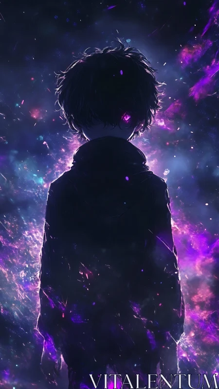 Cosmic silhouette of a child dissolving into violet nebulae.