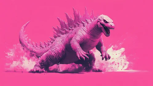 Monochrome magenta kaiju sprinting through splashing debris