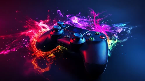 Gaming controller rests amid vivid neon light trails