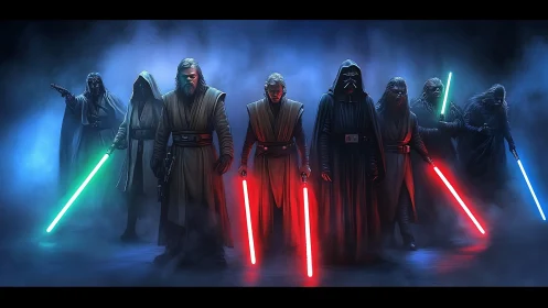 Cinematic robed warriors with colored energy blades in foggy void