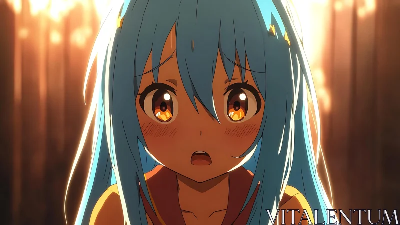 Sunlit shock on a blue-haired anime girl’s glowing gaze.