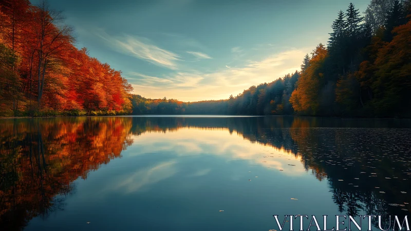 Calm forest lake reflects autumn trees and soft cloud patterns