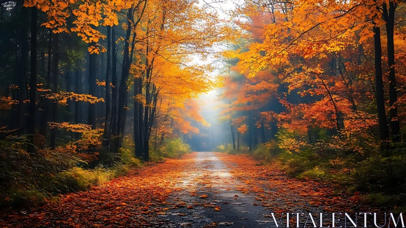 Autumn Forest Road with Deciduous Canopy.