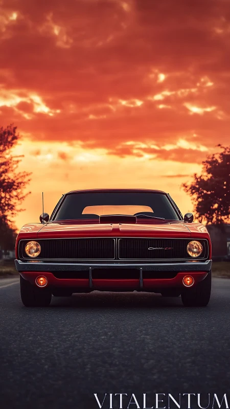 Red classic muscle car sits centered under vivid sunset sky
