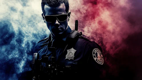 Tactical police officer portrait with red blue atmospheric smoke