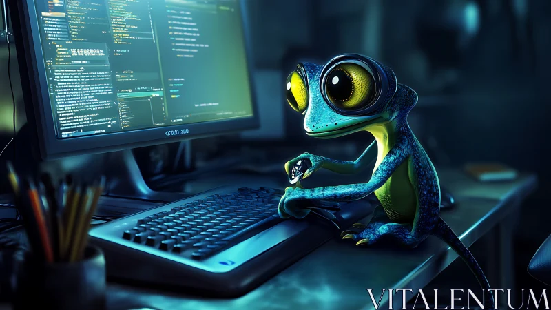 Geeky neon frog types code in a dim cyber workspace.