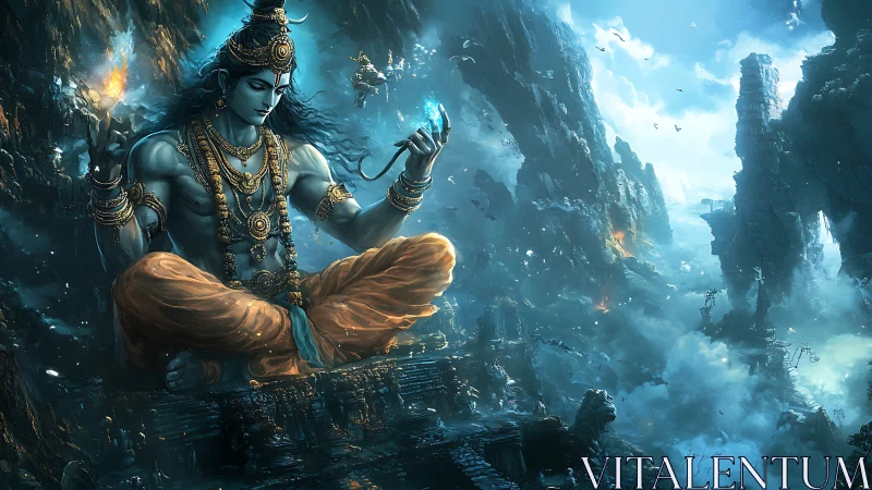 Cosmic mountain yogi weaving fire and ice across skies.