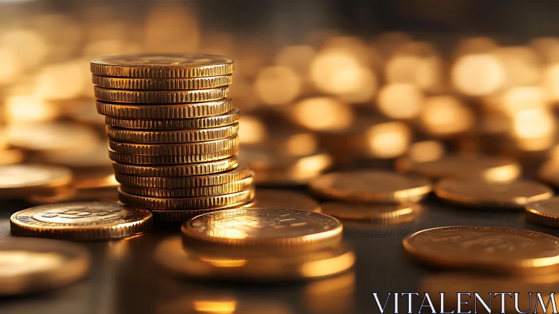 Stacked gold coins under warm defocused bokeh lighting.