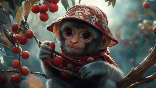 Baby monkey portrait in berry grove, cinematic digital art.