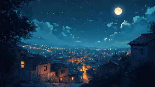 Luminous hillside settlement under stratified nocturnal sky.
